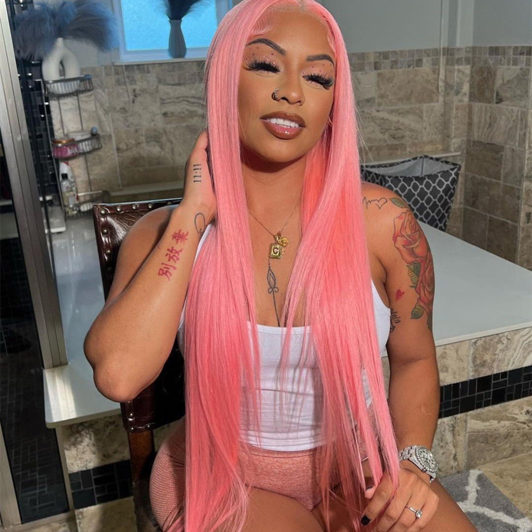 Human Hair 13x4 Front Lace Light Pink Straight Stripe Wig Headband - Boss Boutique Hair and Accessories