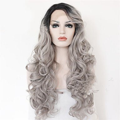 2 Tones synthetic lace wig grey black Ombre wavy wigs long curly hair - Boss Boutique Hair and Accessories