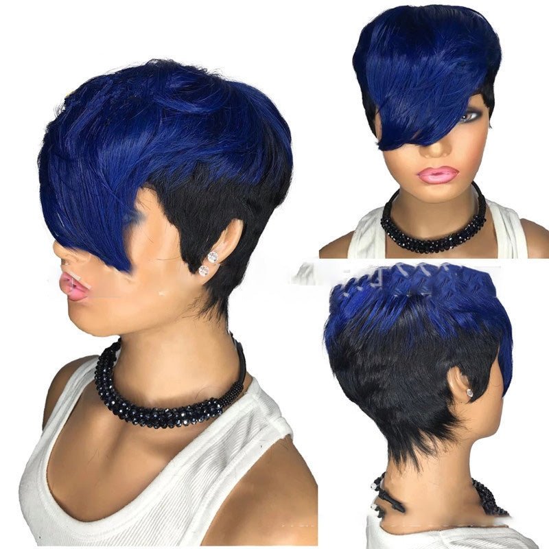 Blue Ombre Wavy Color Short Straight Bob Pixie Cut Made Glueless Non Lace 100 Remy Human Hair Wigs Wholesale For Black Women - Boss Boutique Hair and Accessories