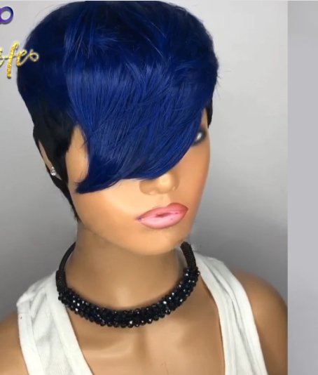 Blue Ombre Wavy Color Short Straight Bob Pixie Cut Made Glueless Non Lace 100 Remy Human Hair Wigs Wholesale For Black Women - Boss Boutique Hair and Accessories