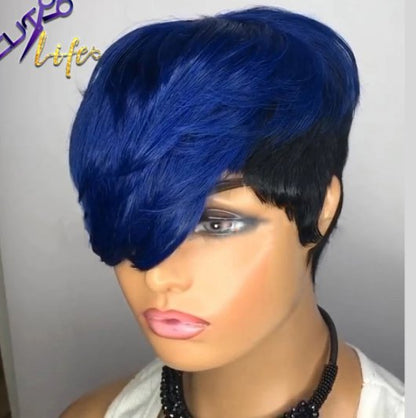 Blue Ombre Wavy Color Short Straight Bob Pixie Cut Made Glueless Non Lace 100 Remy Human Hair Wigs Wholesale For Black Women - Boss Boutique Hair and Accessories