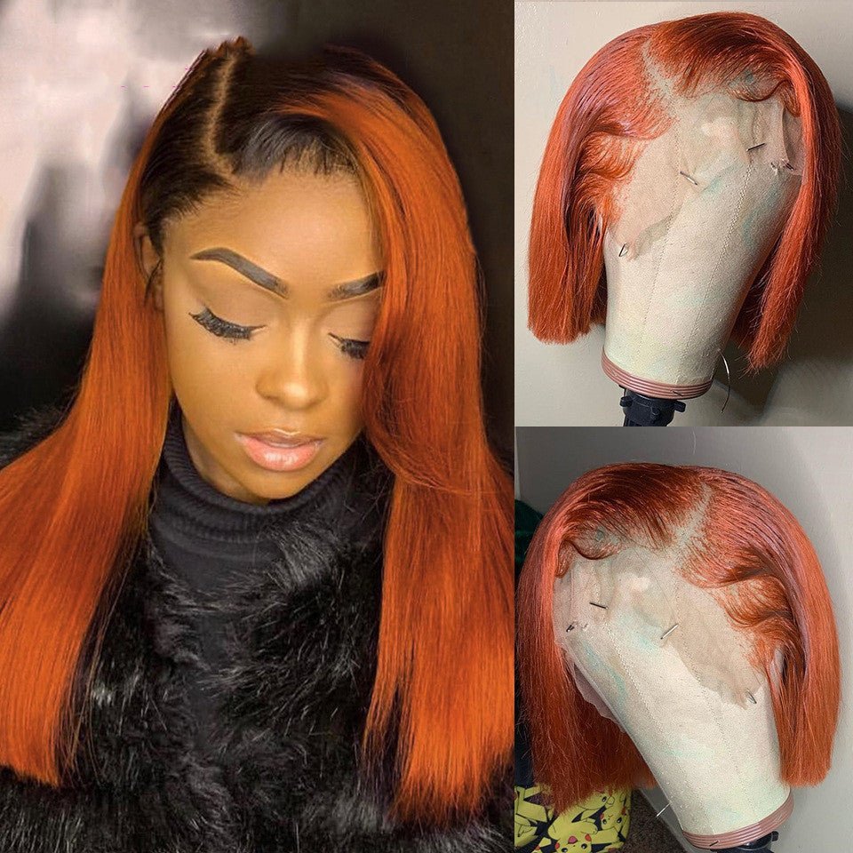 Gradient Color Short Bob Wig Orange Lace Front Human Hair Wig - Boss Boutique Hair and Accessories