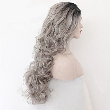 2 Tones synthetic lace wig grey black Ombre wavy wigs long curly hair - Boss Boutique Hair and Accessories