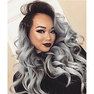 2 Tones synthetic lace wig grey black Ombre wavy wigs long curly hair - Boss Boutique Hair and Accessories