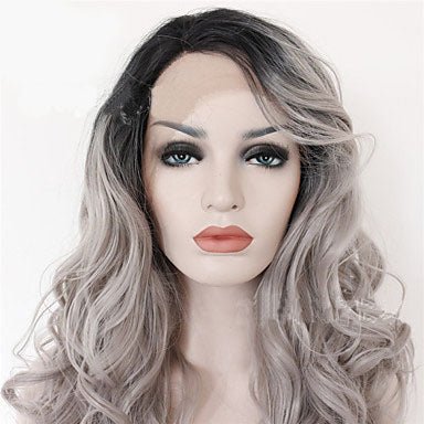 2 Tones synthetic lace wig grey black Ombre wavy wigs long curly hair - Boss Boutique Hair and Accessories