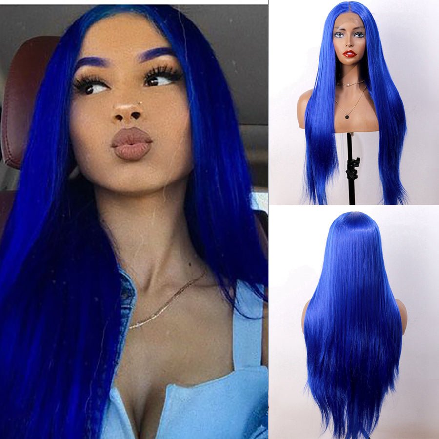 Synthetic Front Lace Headgear Blue Long Straight - Boss Boutique Hair and Accessories
