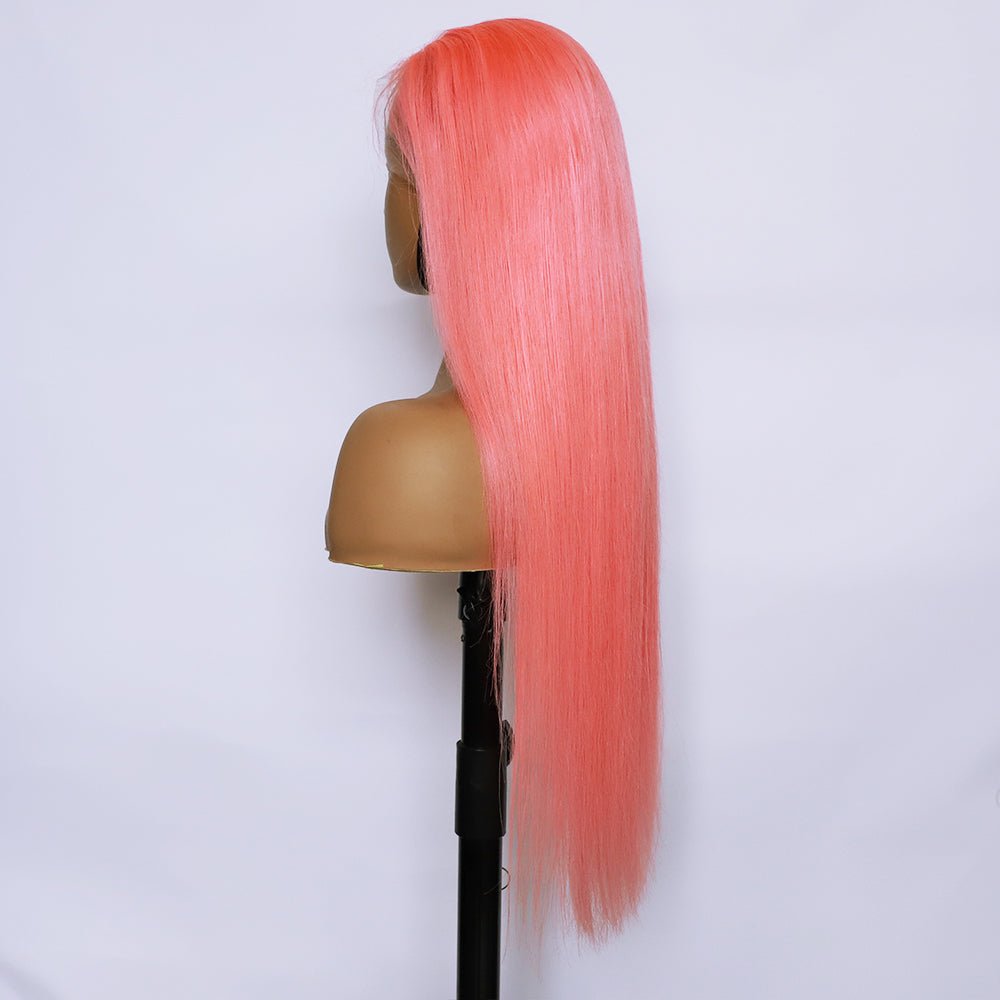 Human Hair 13x4 Front Lace Light Pink Straight Stripe Wig Headband - Boss Boutique Hair and Accessories