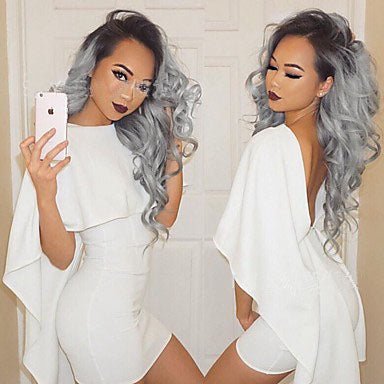 2 Tones synthetic lace wig grey black Ombre wavy wigs long curly hair - Boss Boutique Hair and Accessories
